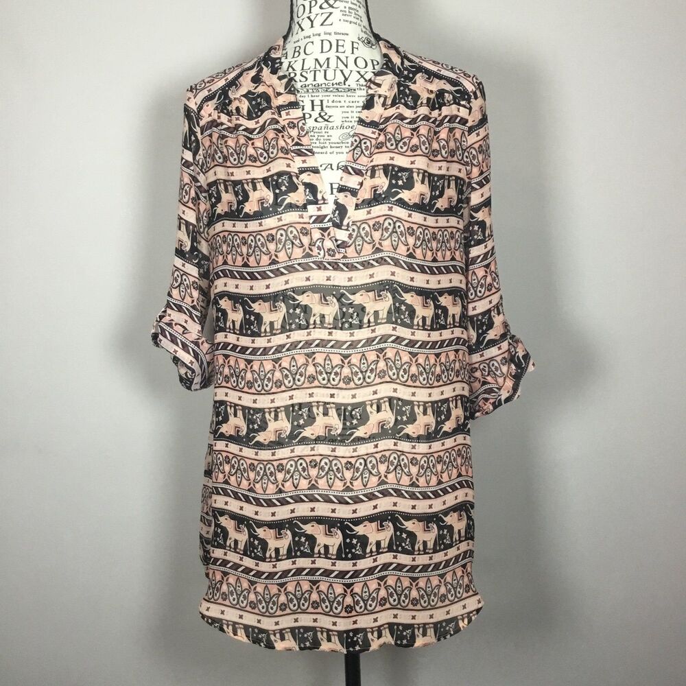 Sheer pink brown elephant tunic top 3/4 looped sleeves v neck paisley pattern L